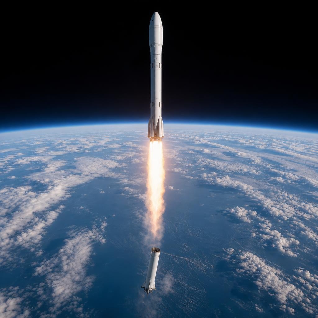 At launch, the engines push hard and the rocket races upward. It climbs through the clouds and gains tremendous speed. When lower stages run out of fuel, they separate over protect