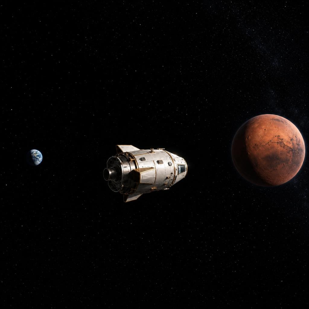 Once the spacecraft is on the right path, its main engines can rest. The craft coasts through silent space while Earth grows smaller behind it. Crossing the enormous distance to Ma