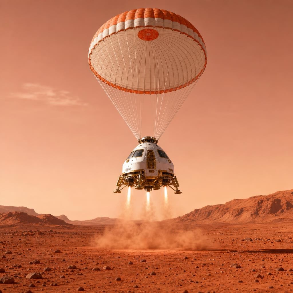 Reaching Mars is not enough—the spacecraft is moving very fast. It must slow down before landing. A parachute opens in the thin atmosphere, and landing engines control the final de