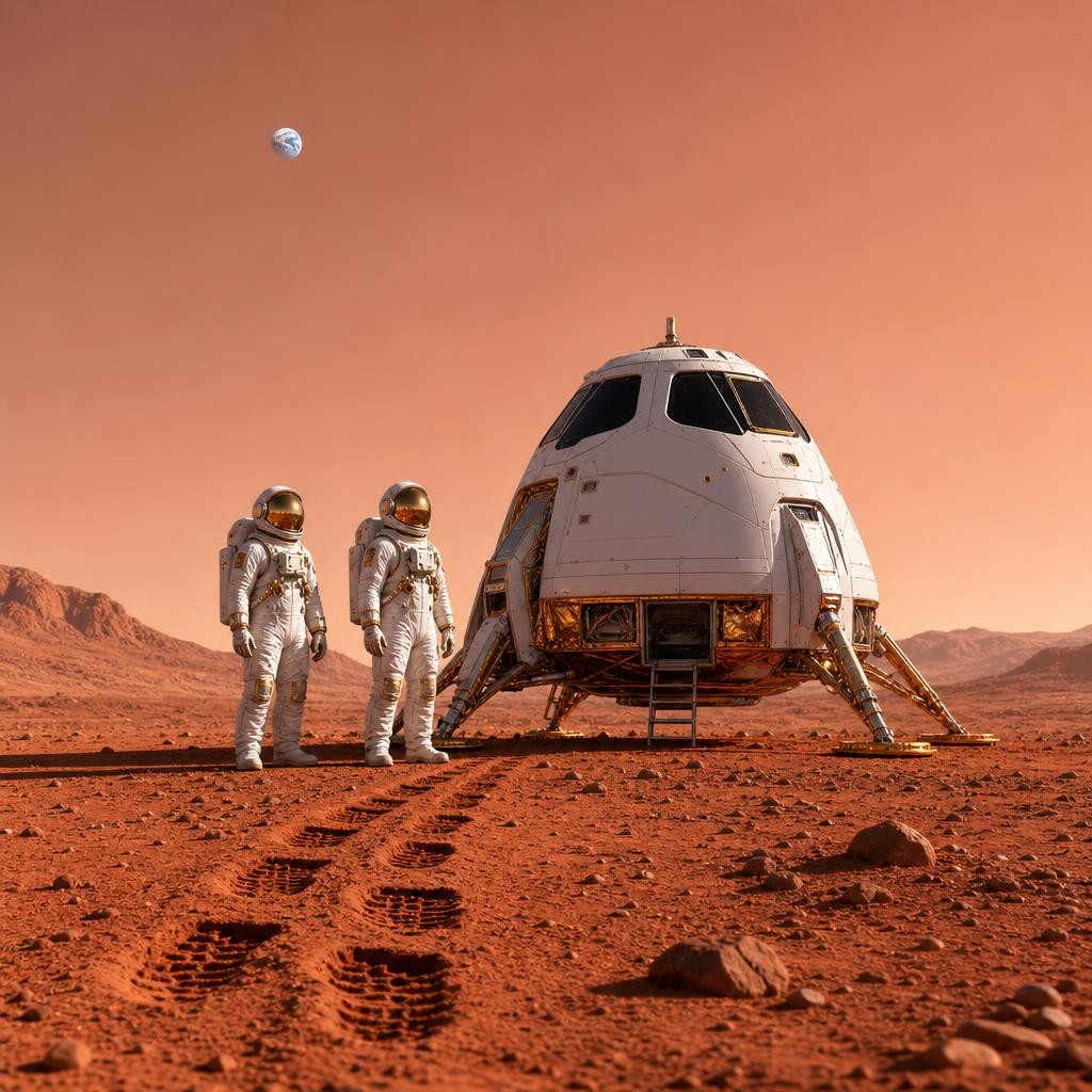 Launch, climb, coast, careful timing, and braking have all worked together. Adult explorers step beside their lander and leave the first footprints in the red dust. High above them