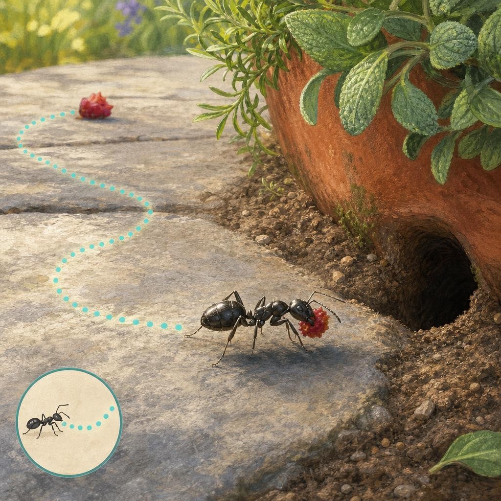 The ant picked up a bit of berry and headed toward its nest. As it walked, it left tiny amounts of a scent signal called a pheromone along the ground. People cannot see this trail.