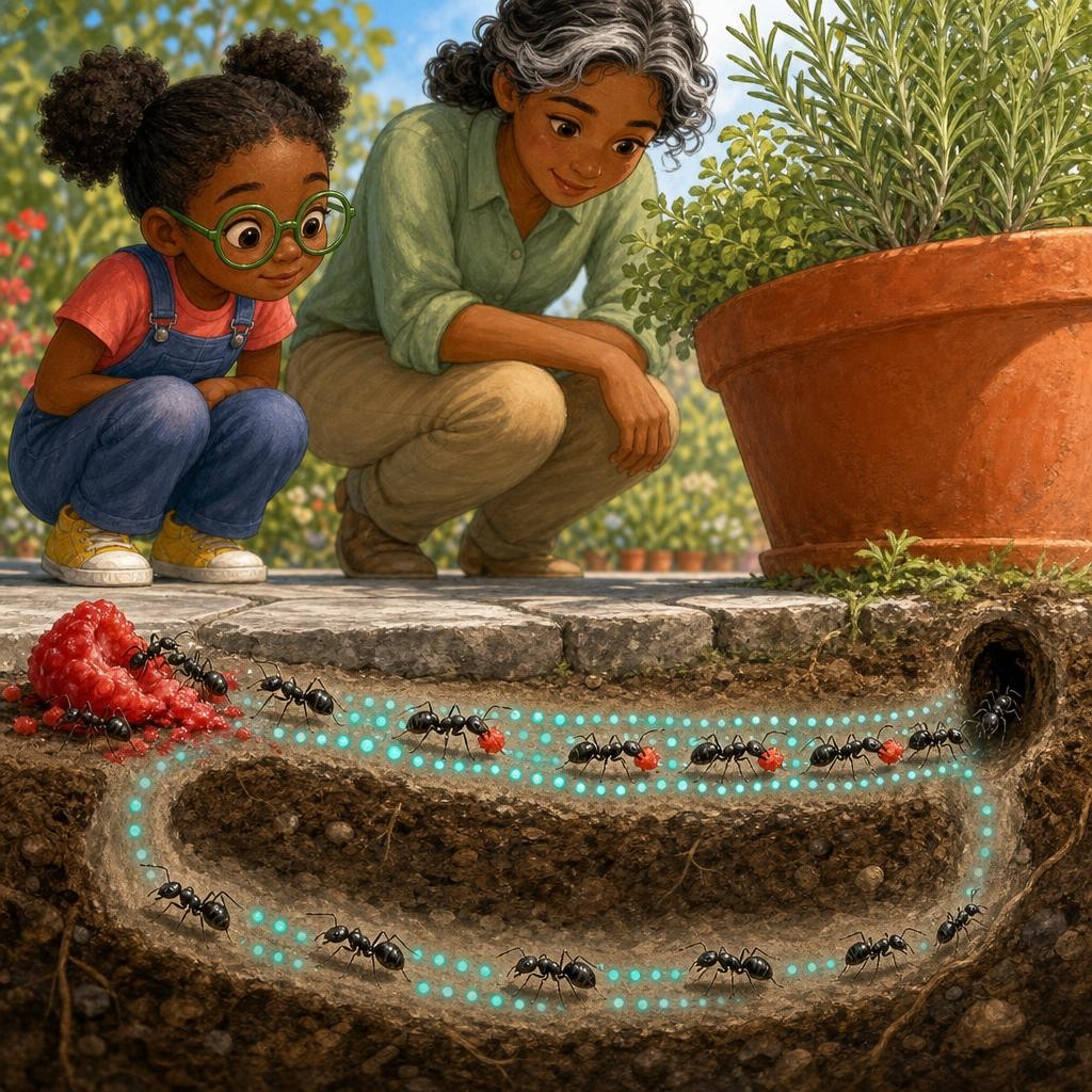 Ants carried berry bits toward the nest, then returned along the useful route. On each trip back, more ants added pheromone. A route with a stronger scent was easier for nestmates 