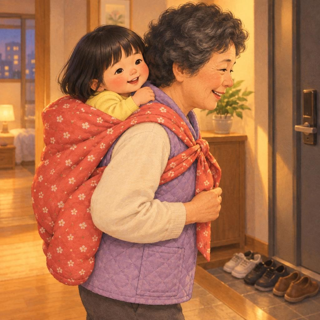 할머니가 포대기를 활짝 펼쳤어요. 다온이는 할머니 등에 폭 업혔어요. 포대기로 감싸고, 끈을 꽁꽁 묶어요. 할머니 등은 따끈따끈해요. “우리 다온이, 산책 갈까?”