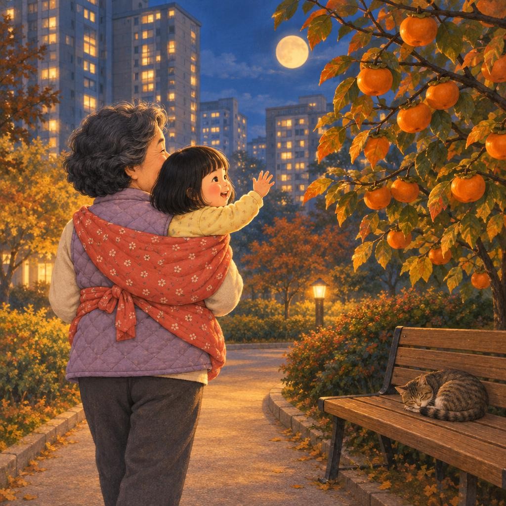 밖에 나오니 바람이 살랑살랑 불어요. “감나무야, 안녕.” 주황색 감이 대롱대롱 인사해요. “고양이야, 안녕.” 의자 위 고양이는 동그랗게 몸을 말고 쿨쿨 자요. 할머니 발걸음은 사뿐사뿐.
