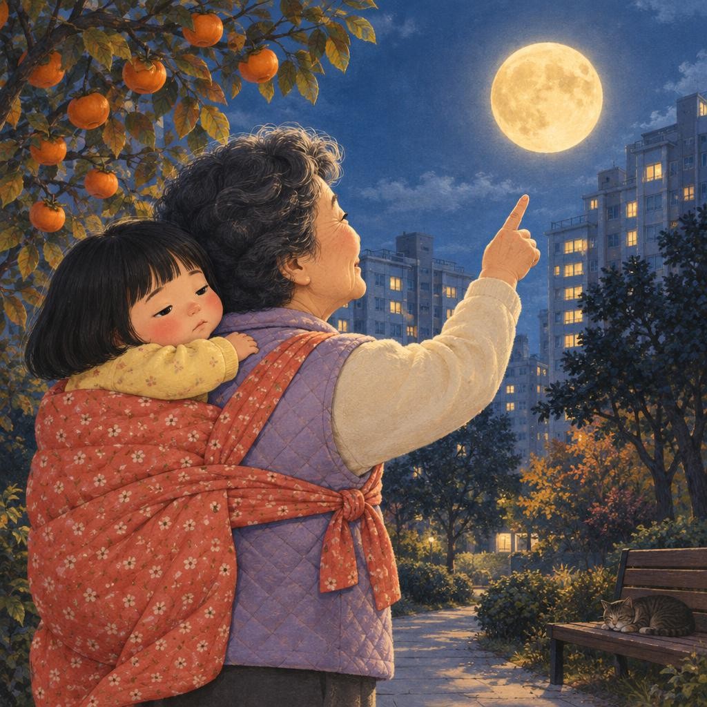 “다온아, 저기 봐. 달님이야.” 아파트 위로 동그란 달님이 떴어요. “달님, 안녕.” 할머니가 흔들흔들, 천천히 걸어요. 다온이 눈꺼풀이 스르르, 스르르 내려와요.