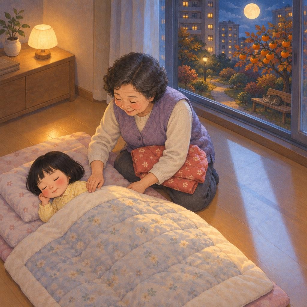 할머니가 살금살금 집에 돌아왔어요. 포대기 끈을 살살 풀고, 다온이를 이불에 살포시 눕혀요. 다온이는 새근새근 잠이 들었어요. “달님도 안녕, 우리 다온이도 잘 자.”