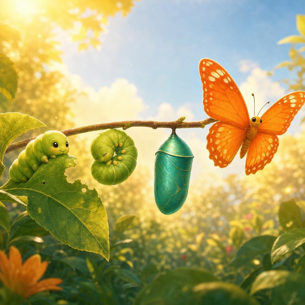 Eat, Rest, Change, Fly illustration for The Little Caterpillar's Big Change