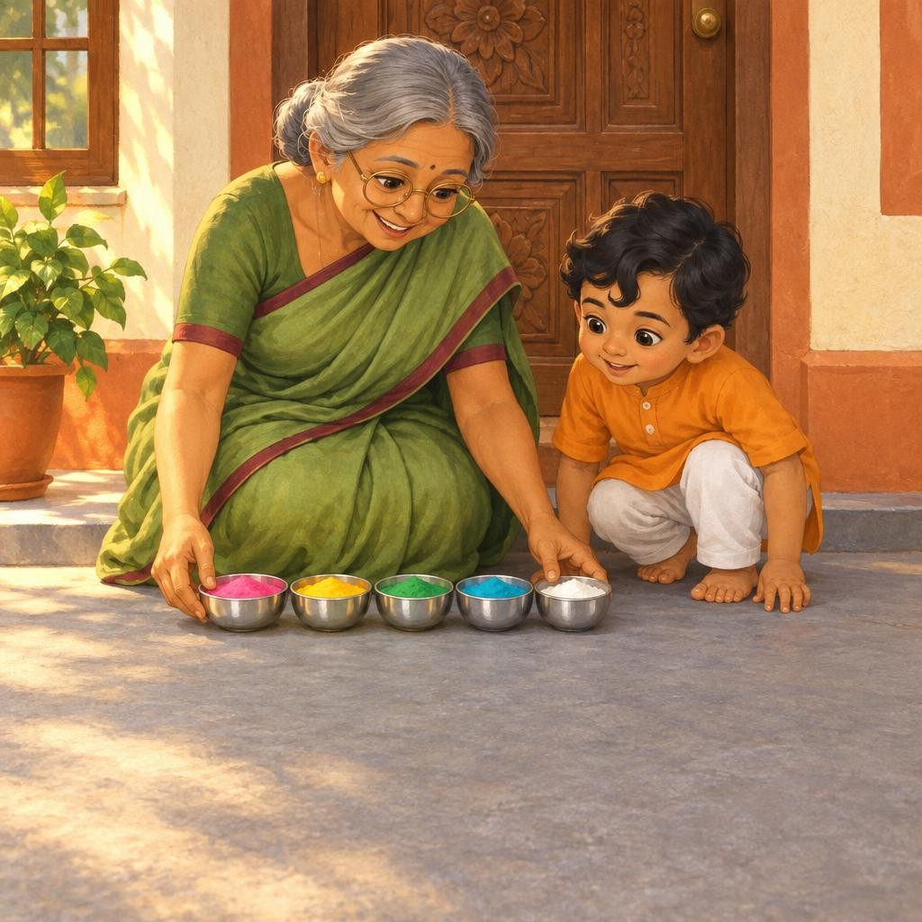 Storybook cover for Dev and the Diwali Rangoli
