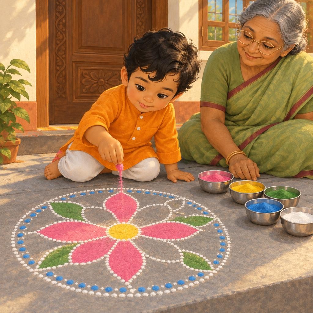 Dadi drew a big round flower with little white dots. Dev took a pinch of pink. He rubbed his fingers, slow and careful, and the color trickled down like sand. Sprinkle, sprinkle. O