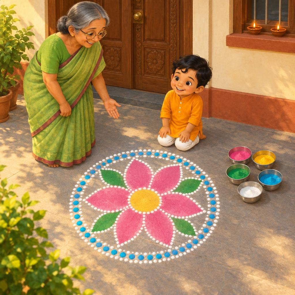 Yellow went in the middle. Green made the leaves. Blue dots went all around, like a necklace. Dev sat back on his heels. "Our welcome flower!" "Beautiful," said Dadi. "Now let's wa