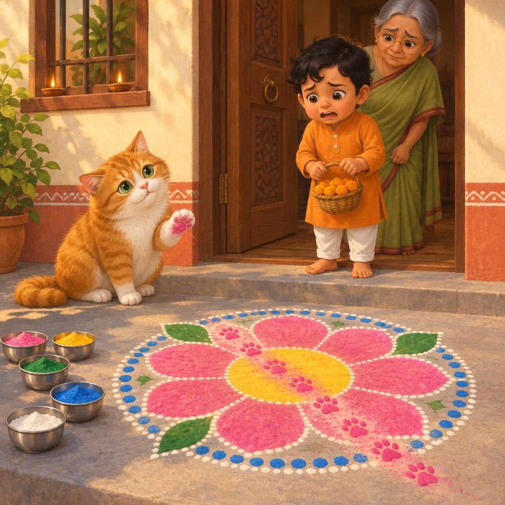 But when they came back… pat, pat, pat. A trail of little paw prints went right across the flower, smudging pink into yellow. And there on the step sat Billu the cat, shaking one p