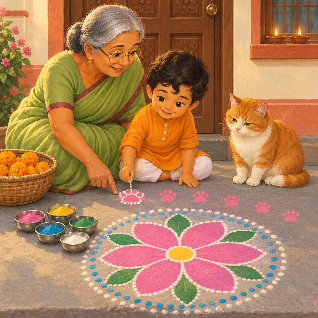 Dadi knelt and looked very closely. "Hmm. What does a rangoli say?" "Welcome," sniffed Dev. "And who came to our door first today?" Dev looked at Billu. A tiny smile came. Dadi gav