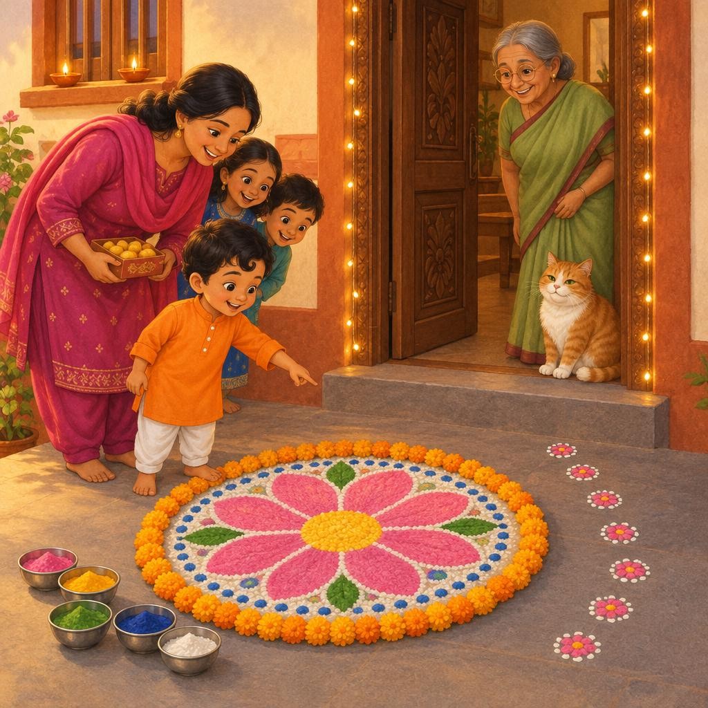 That evening, little lights twinkled around the door, and cousins came with sweets and hugs. "What a rangoli!" said Aunty. "And what is this trail of tiny flowers?" Dev grinned. "T