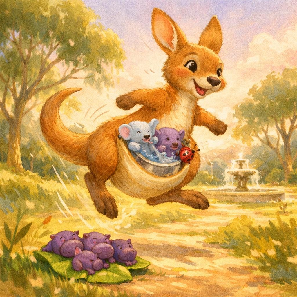 Bouncing Through the Park illustration for The Kangaroo with a Pocket Zoo