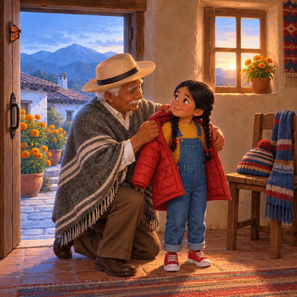 —Mañana vamos a visitar a las monarcas —dice el abuelo Ramón—, al lugar donde pasan el invierno. Y le da a Valeria su chamarra más calientita, un gorro de lana y una bufanda. Valer