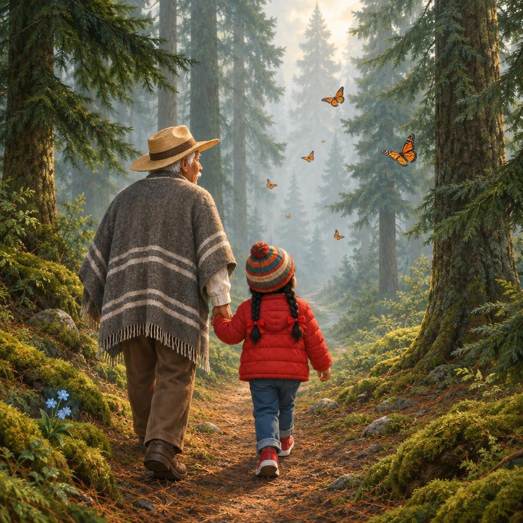 Valeria y su abuelo suben y suben por un caminito entre los árboles. Arriba, el aire está frío y hay neblina. ¡Llegaron a un bosque fresco, en lo alto de las montañas! No es una pl