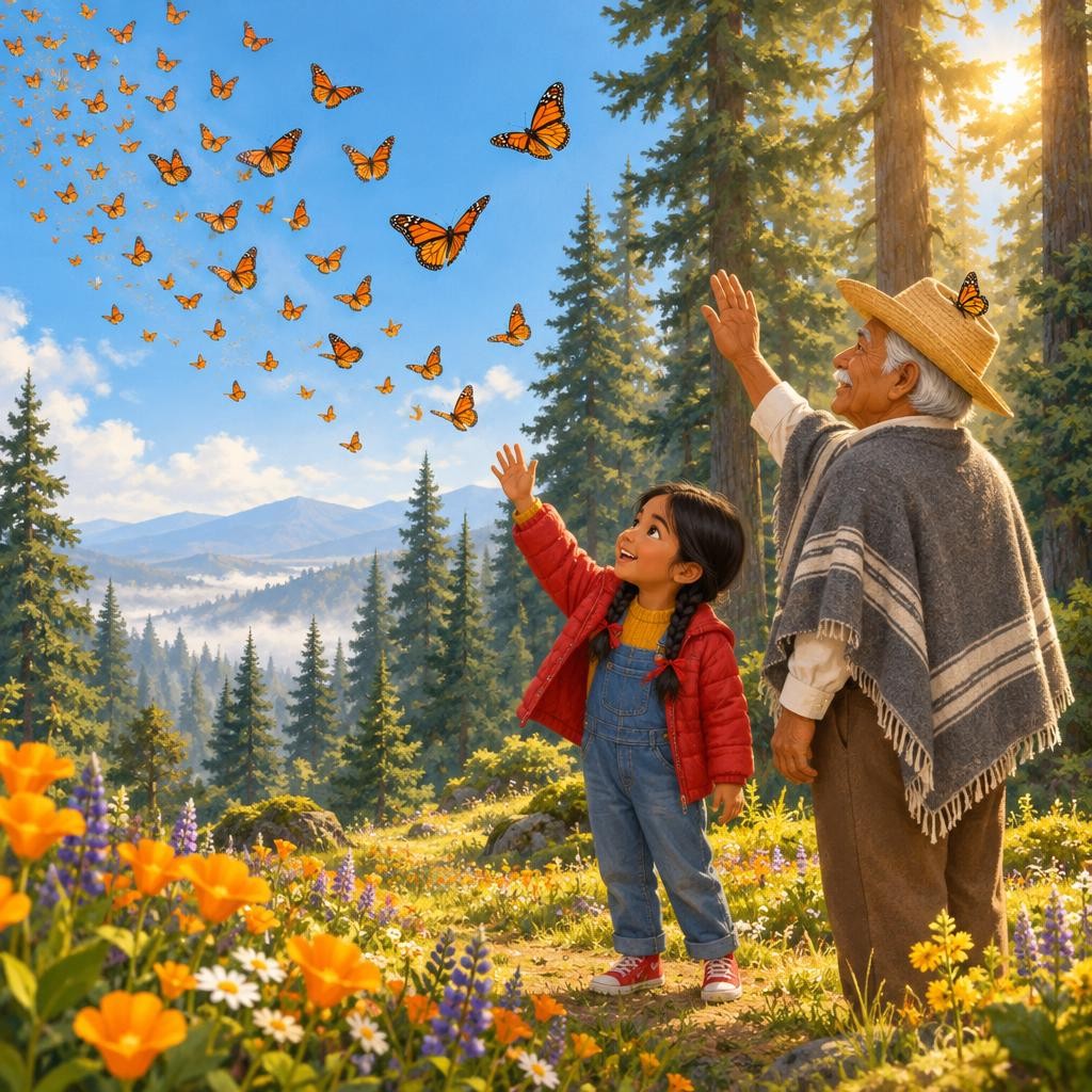 Pasa el invierno. En marzo, el sol calienta más y en el norte empieza la primavera. Valeria y el abuelo vuelven al bosque, y el cielo se llena de alas anaranjadas: ¡las monarcas re
