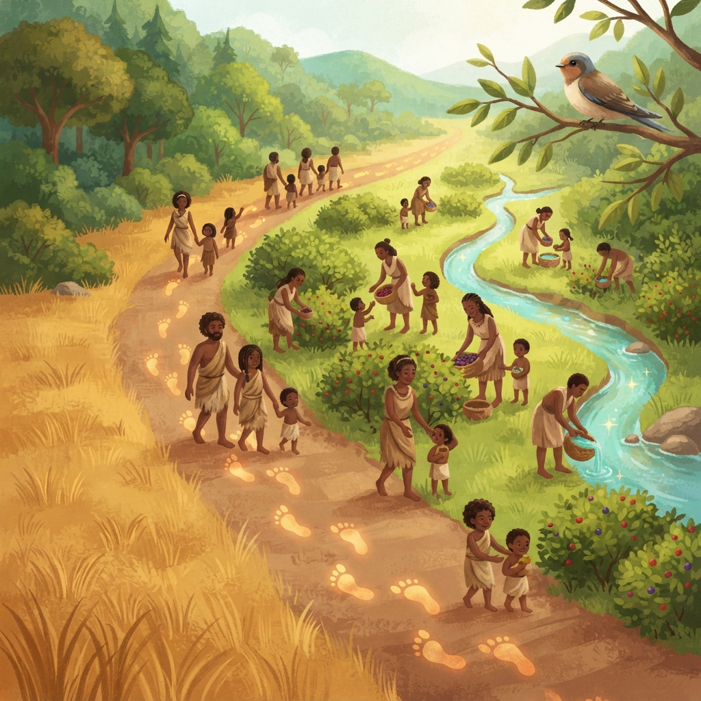 As families searched for food, water, and new places to live, they kept walking. Over many, many years, footsteps reached green forests, valleys, and mountains. The world was full