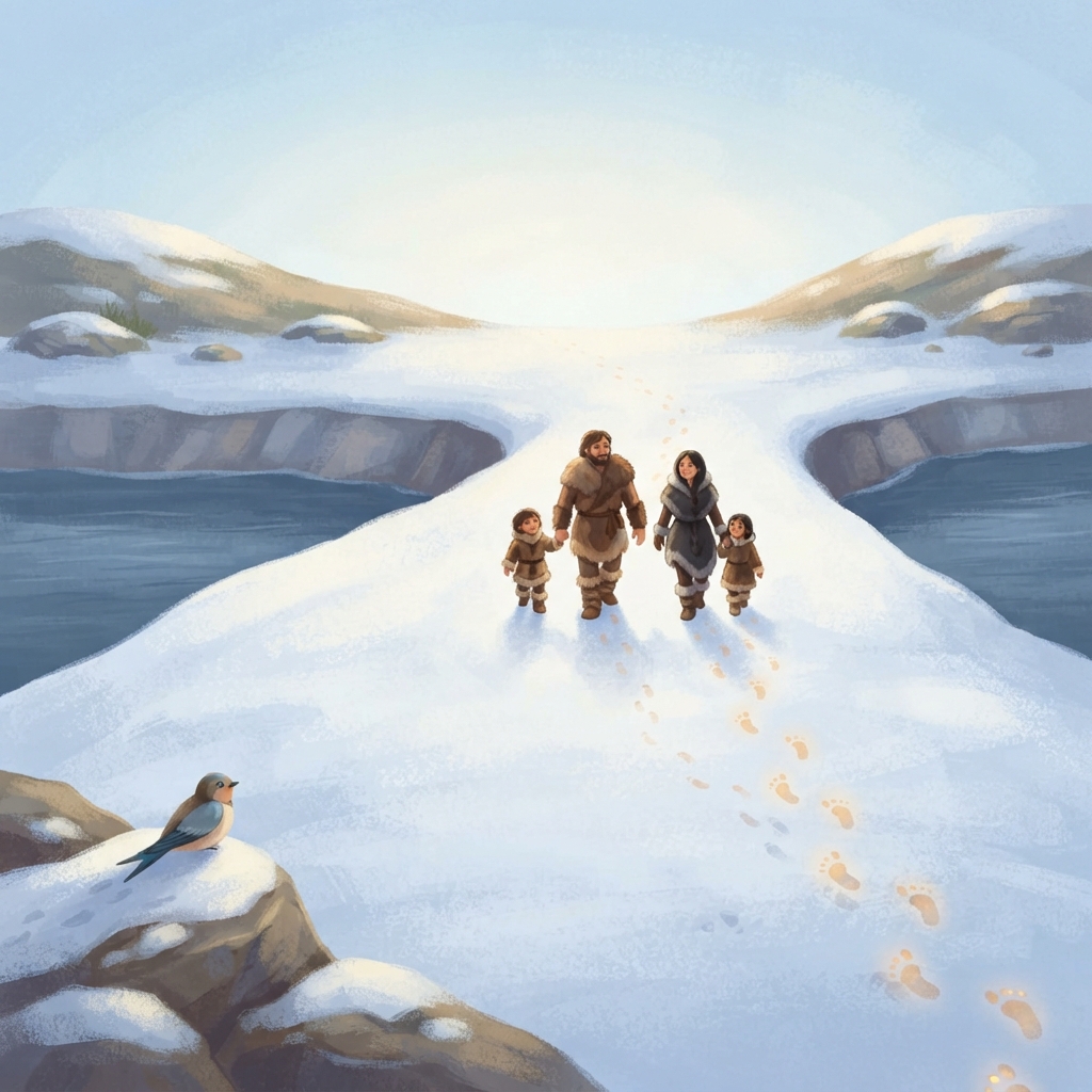 During very cold times, so much water was frozen that the sea became lower. Wide pieces of land appeared between some places. Bundled-up families could walk across this cold, snowy