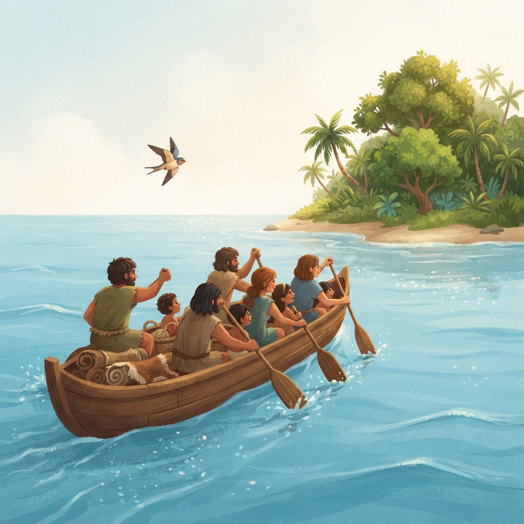 Some places were islands, with water all around. People made sturdy wooden canoes and paddled together across calm stretches of sea. That is one way families reached faraway island