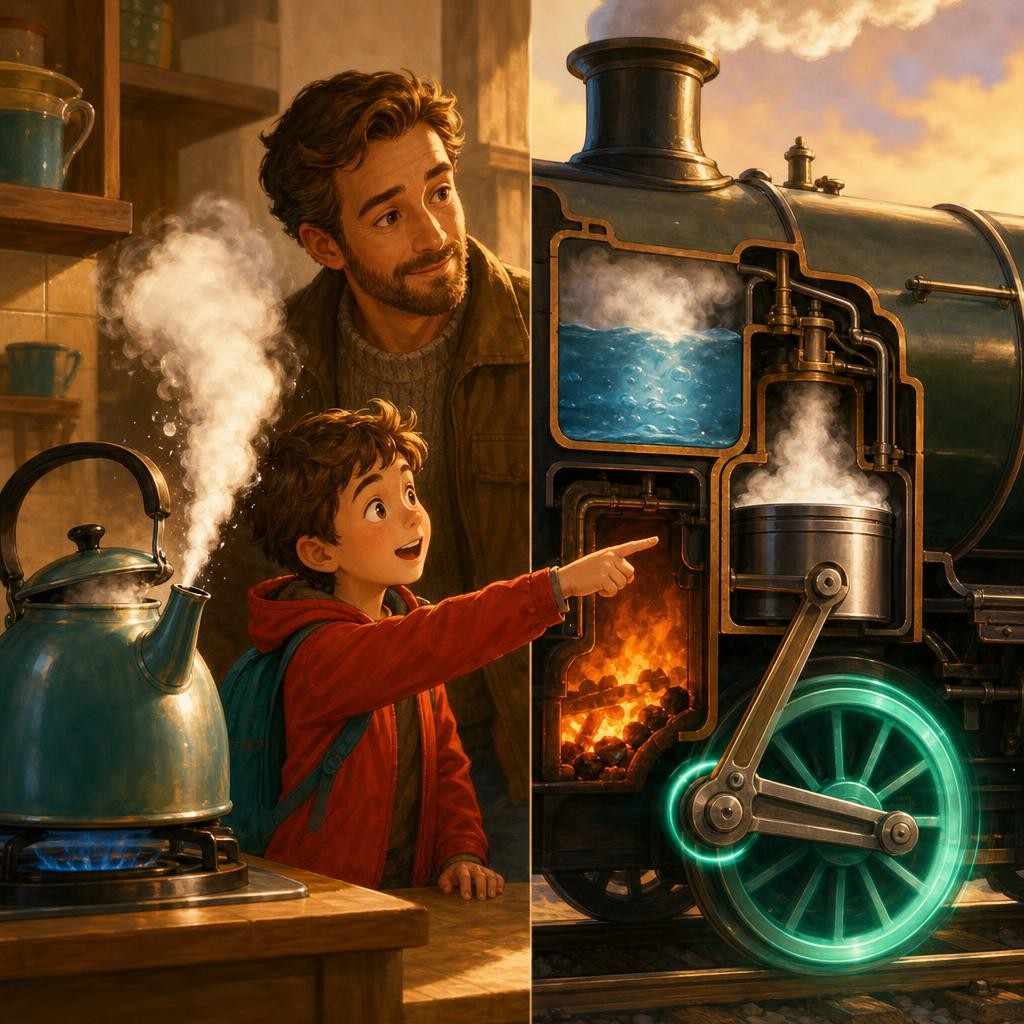 The Puffing Steam Engine illustration for How Train Engines Push the Wheels