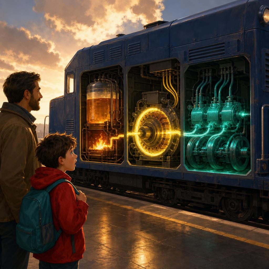 The Rumbling Diesel Train illustration for How Train Engines Push the Wheels
