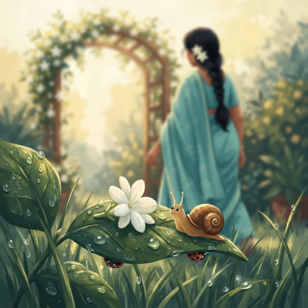 Amma தோட்டத்தில் நடந்தாள். அவள் முடியில் இருந்த ஒரு மல்லிப்பூ—பொத்!—ஈரமான இலைக்குப் பக்கத்தில் விழுந்தது. அங்கே ஒரு குட்டி நத்தை எட்டிப் பார்த்தது.