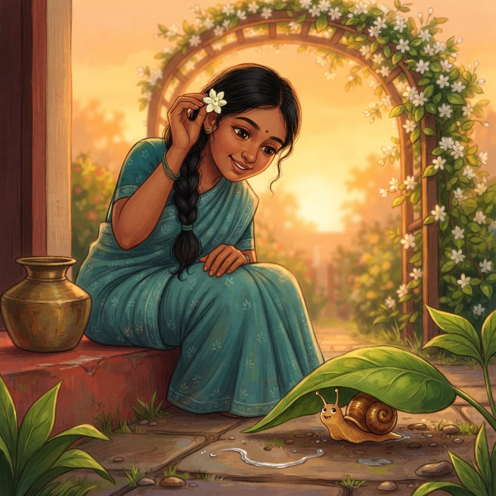 Amma மெதுவாகப் பூவை எடுத்தாள். “Thank you, குட்டி நத்தை!” என்று சொல்லி, அதை மீண்டும் முடியில் வைத்தாள். நத்தைக்கு ஒரு பச்சை இலை நிழல் கிடைத்தது. மல்லிப்பூவுக்கு அதன் home கிடைத்தது