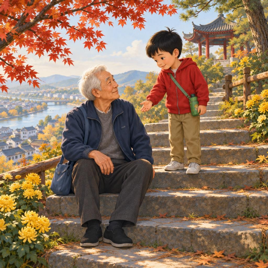 小宇跑回爷爷身边。爷爷坐在台阶上，喘着气，笑着说：“爷爷老啦，腿走不快喽。小宇先上去吧。”小宇看看山顶，又看看爷爷。他摇摇头，把小手伸给爷爷：“不，我陪爷爷慢慢走。”