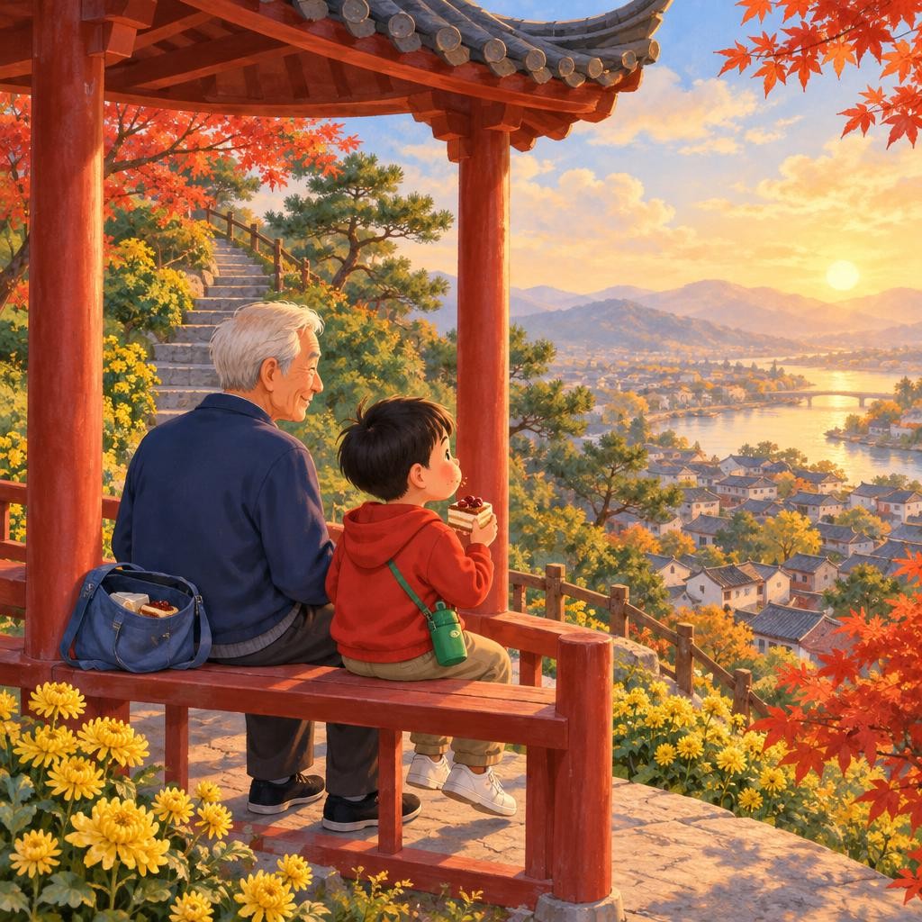 爷爷和小宇一起走到了山顶的小亭子。下面的房子小小的，小河弯弯的，天空蓝蓝的。爷爷从布包里拿出一块重阳糕：“吃了重阳糕，步步登高！”小宇咬了一大口，甜甜的，软软的。