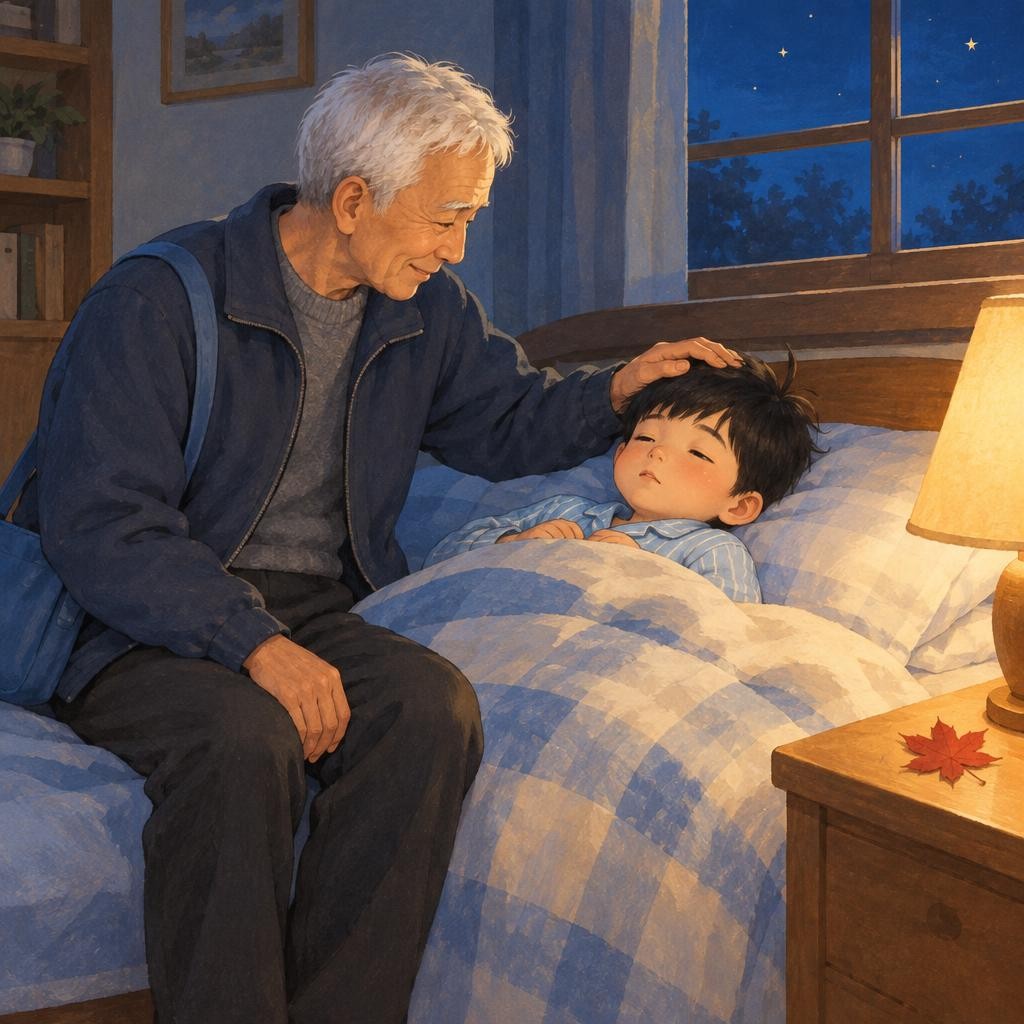 晚上，小宇躺在床上，眼睛快要闭上了。“爷爷，明年重阳节，我还陪你慢慢爬山。”爷爷摸摸他的头：“好，一言为定。”小宇甜甜地睡着了，梦里还有小菊花和红枫叶。