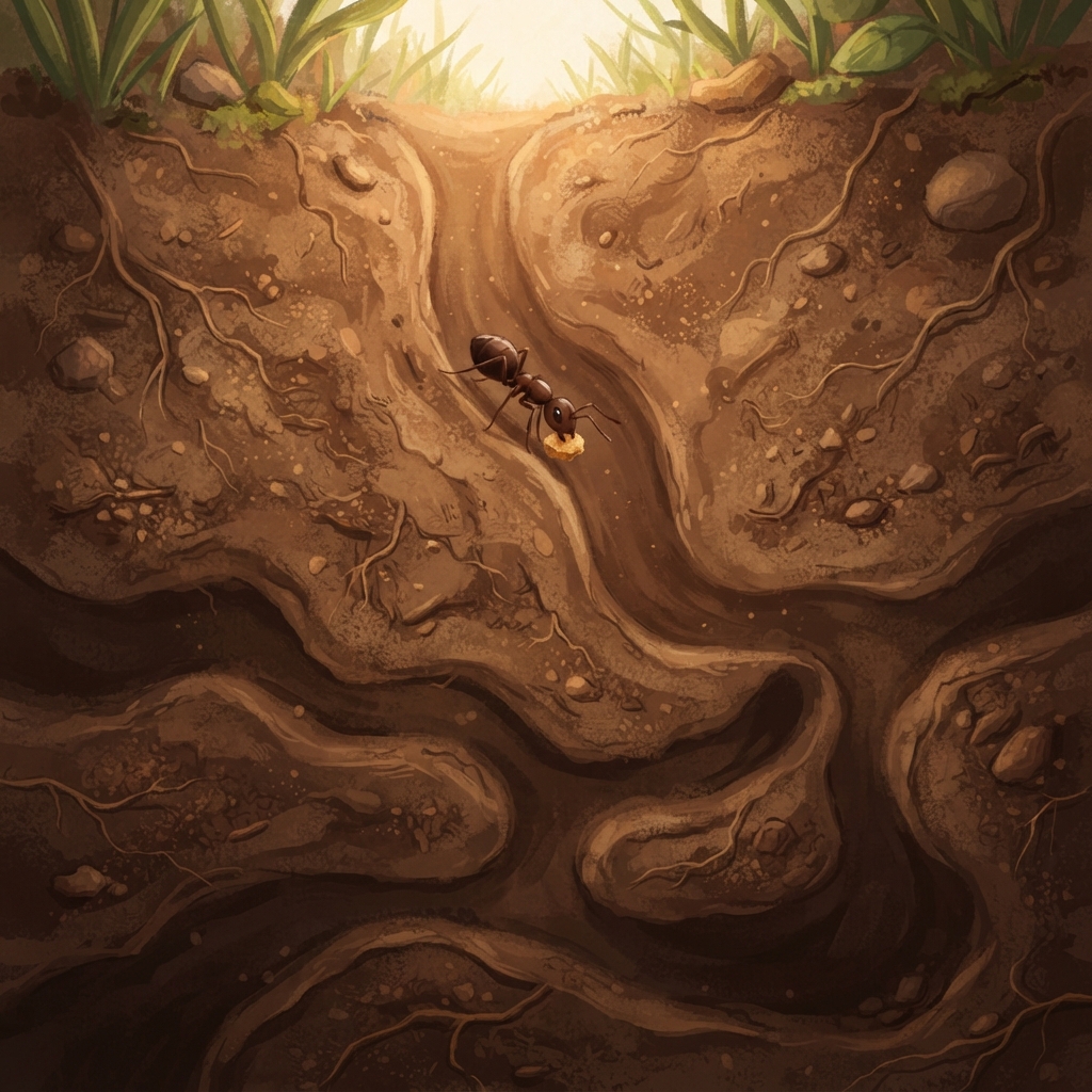 Into the hole she slipped, and the bright day faded behind her. Down curled one tunnel. Then two tunnels. Then many! Wiggle your fingers like six tiny ant legs as she scurried deep