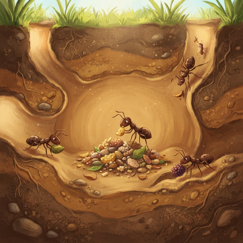 The tunnel opened into a round room. Our ant set her crumb beside seeds, crumbs, and little pieces of leaves. Other workers hurried in with more. This was the food room, where the 