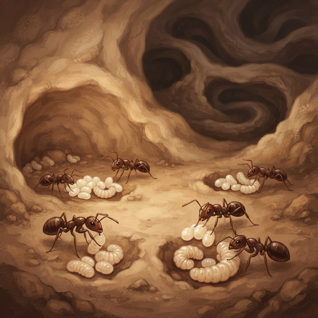 Farther on was the quietest room. Nurse ants gently moved creamy eggs and curled close to tiny, soft larvae. Every little ant baby was tended and kept together in the cozy nursery.