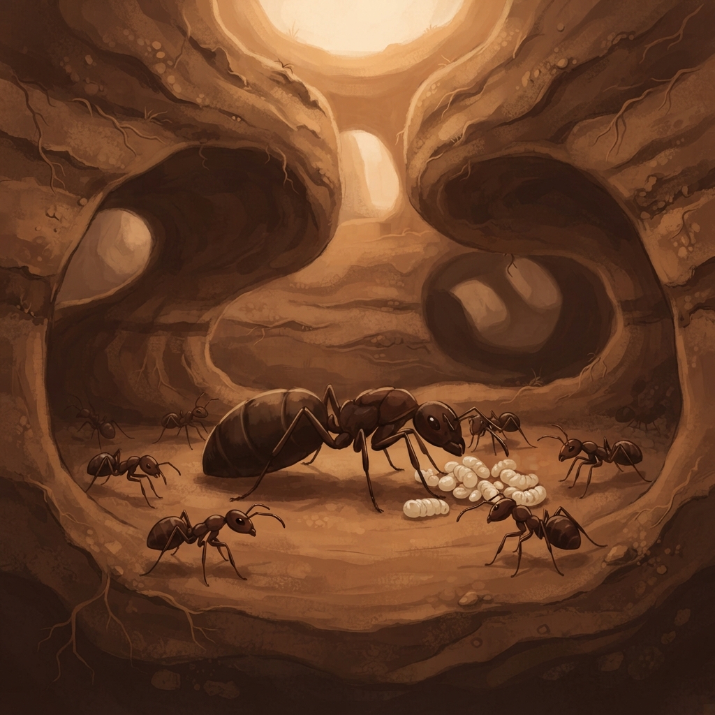 Deep in a wide chamber rested the queen. She was much bigger than the workers, with a long, round body. Helpers stayed close, caring for her and the nest’s new eggs. The whole ant 
