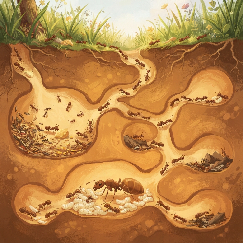 Now the whole nest came into view. Workers carried food. Nurse ants tended babies. Helpers gathered near the queen. Tunnels curled from room to room. Our little ant rested beside t