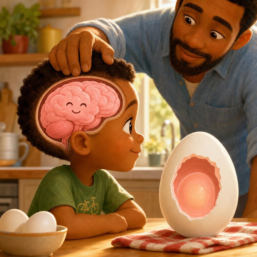 Your head is hard outside — but inside lives your brain, soft like the inside of an egg. Your brain does your thinking, your laughing, and your bike-riding!