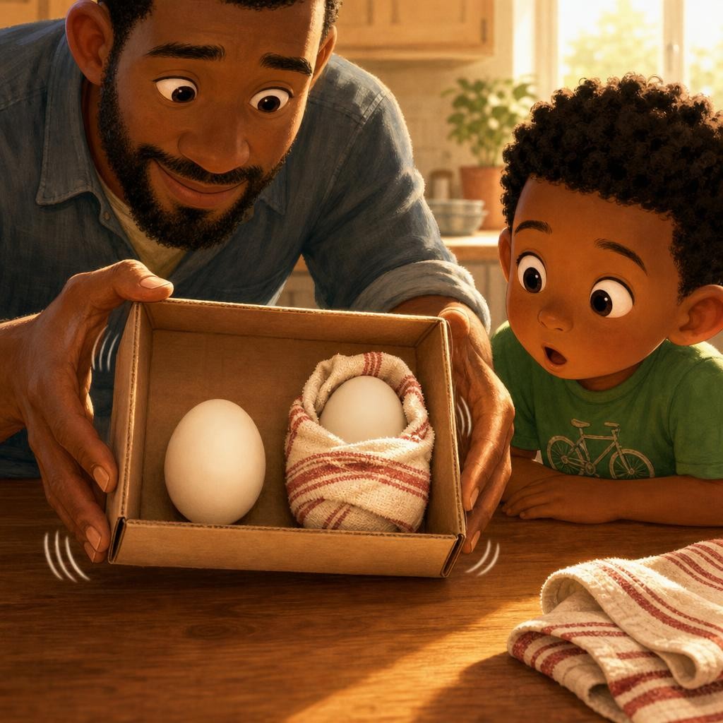 Two eggs, one box. One egg sits bare. One is wrapped snug in a soft towel, like a little helmet. Papa wiggles the box — which egg will stay safe?