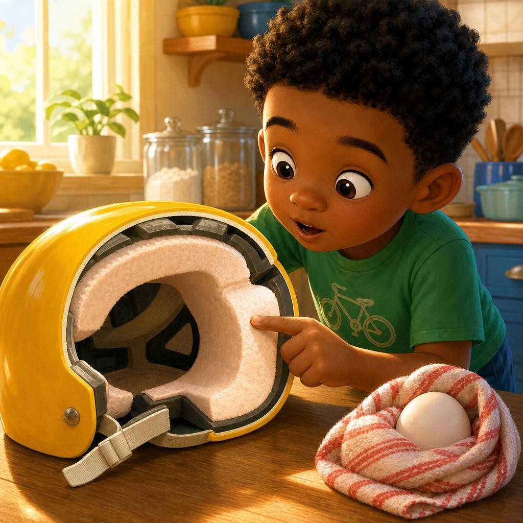 Look inside the helmet: a hard shiny shell outside, soft squishy foam inside — a wearable egg-box for your head! And here's a secret: your brain floats in a little pool of water in