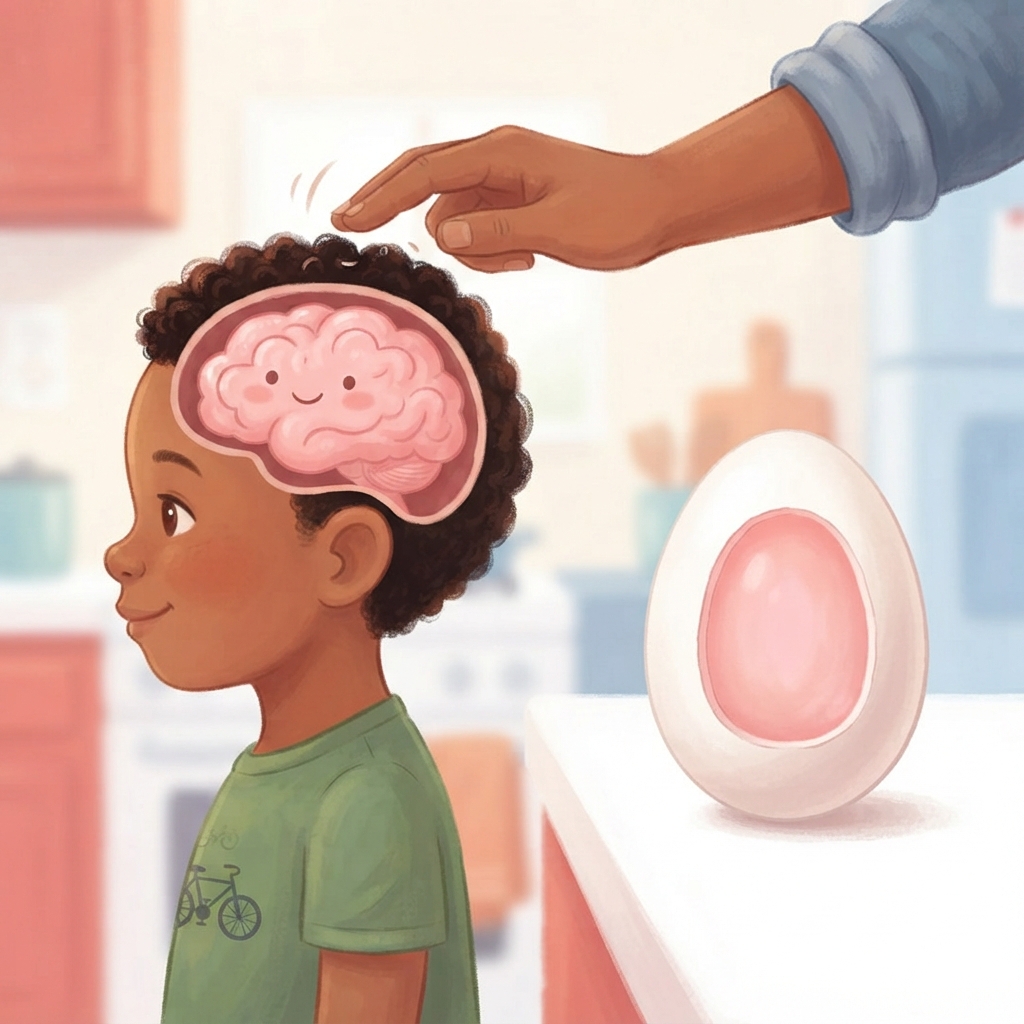 Your head is hard outside — but inside lives your brain, soft like the inside of an egg. Your brain does your thinking, your laughing, and your bike-riding!