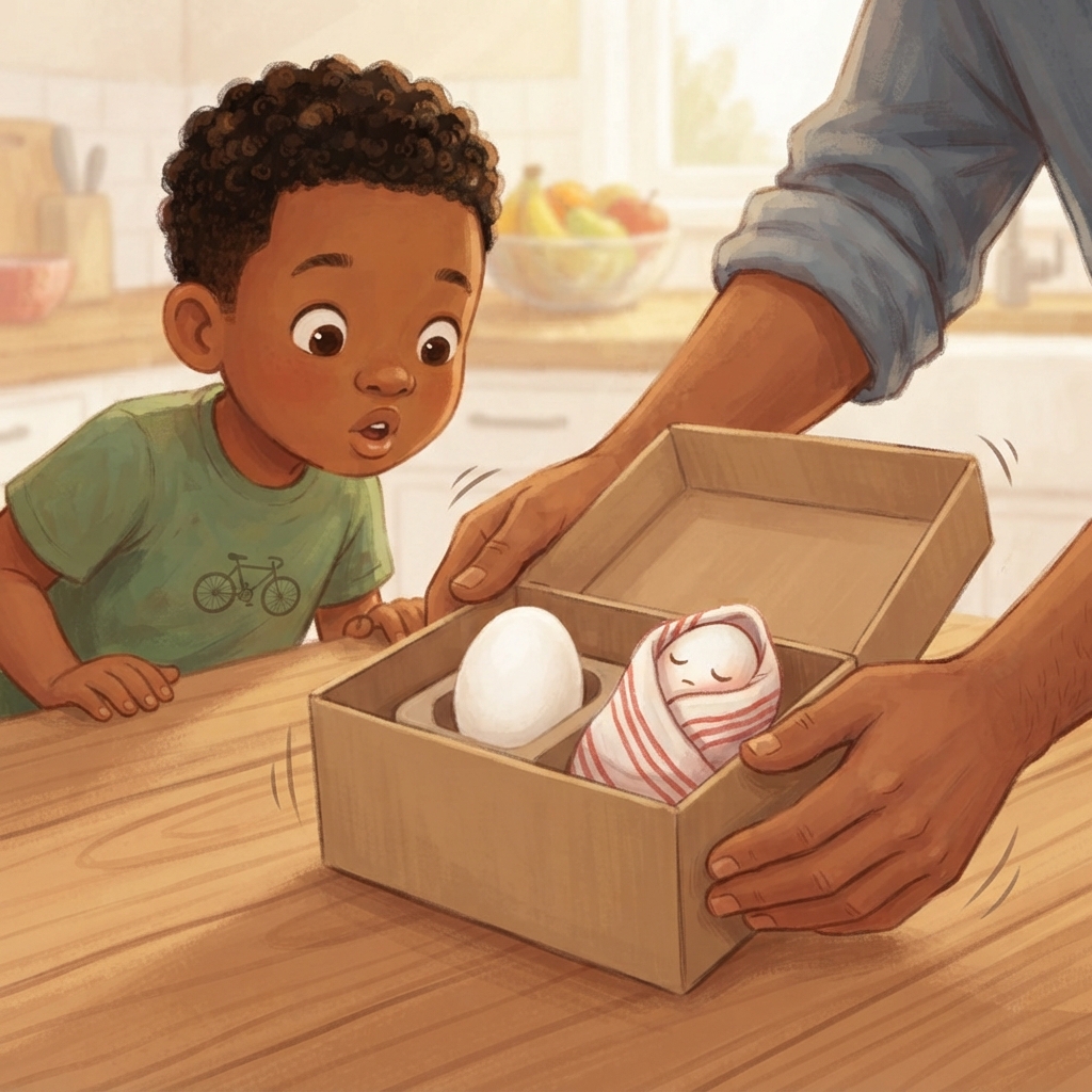 Two eggs, one box. One egg sits bare. One is wrapped snug in a soft towel, like a little helmet. Papa wiggles the box — which egg will stay safe?