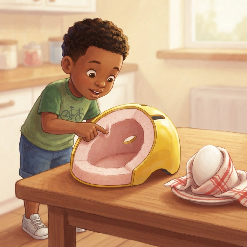 Look inside the helmet: a hard shiny shell outside, soft squishy foam inside — a wearable egg-box for your head! And here's a secret: your brain floats in a little pool of water in