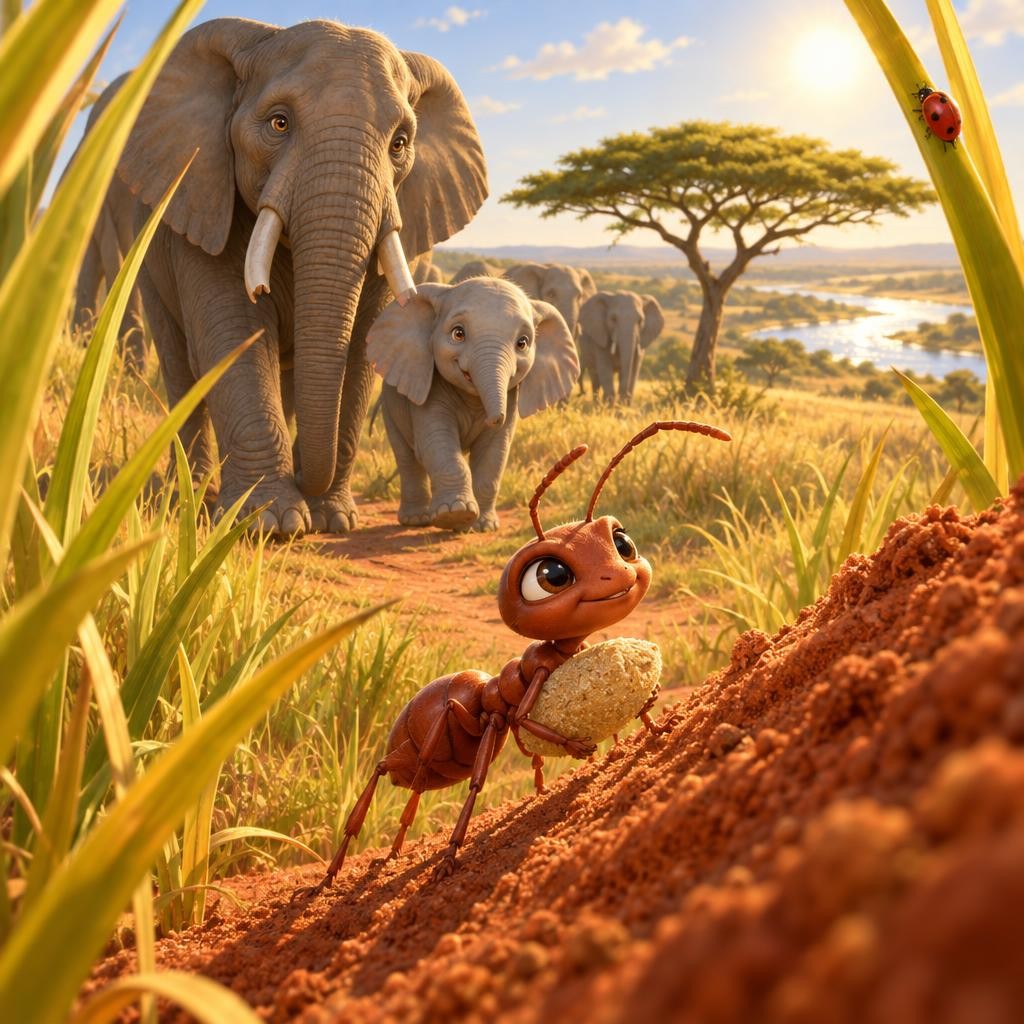Under the flat-topped acacia tree lived a tiny ant named Pemba. All morning she worked. One grain of sand. Two grains of sand. Up, up, up. By lunchtime, Pemba had built the finest 