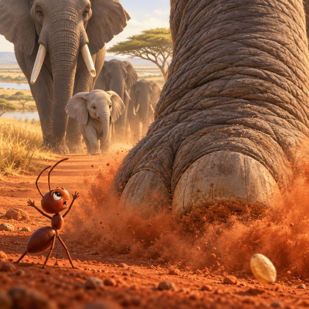 Then the ground began to shake. Stomp, stomp, stomp! Here came the elephants, on their way to the river. One big gray foot came down. Squish! Pemba's hill was flat as a pancake. "H