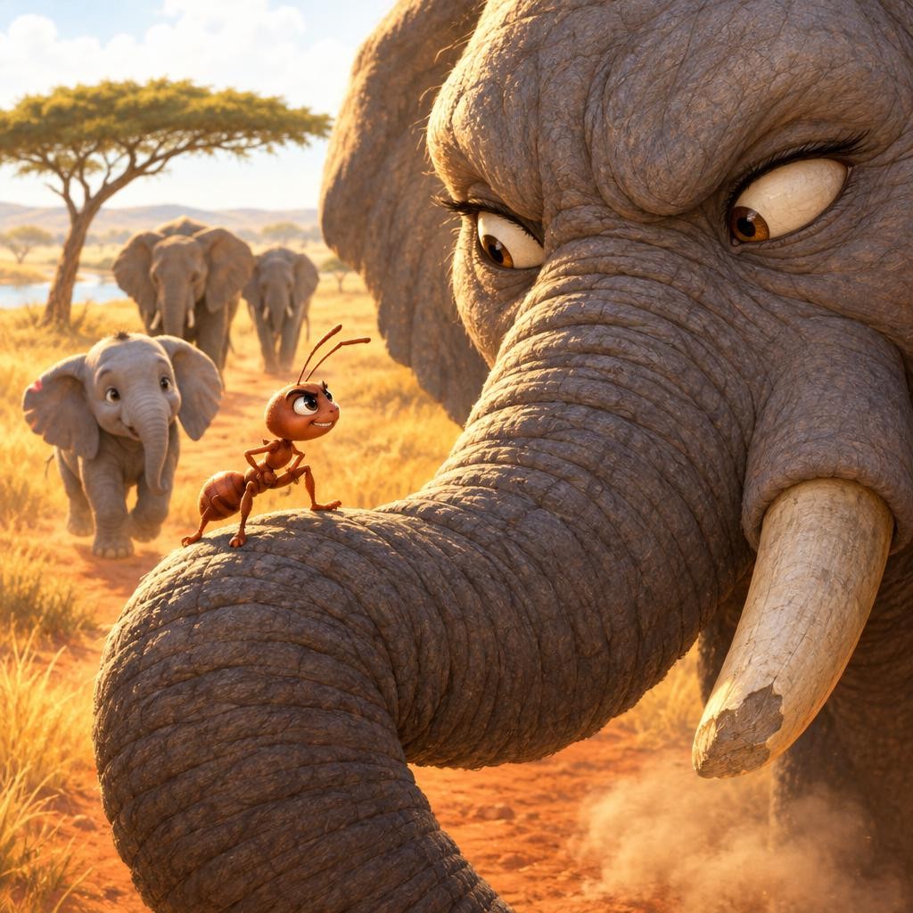 Pemba was so cross she climbed a tall grass stem and leaped right onto Grandmother Ombasa's trunk. "You squashed my home!" "Who is tickling me?" rumbled Ombasa. "This is OUR path!"