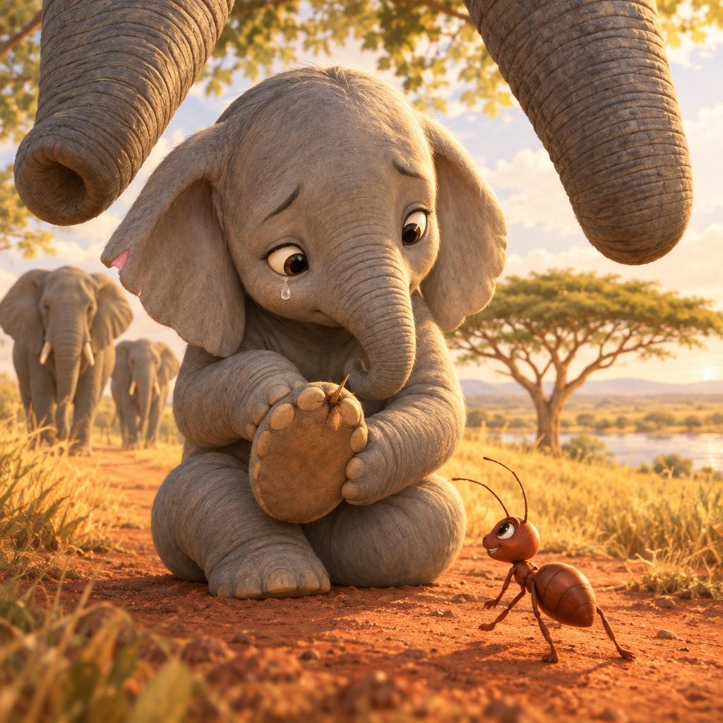 Then came a sad little cry. "Ow! Ow!" It was baby Kito. A thorn was stuck between his toes. The big elephants tried to help, but their trunks were much too big. "Oh dear, oh dear,"