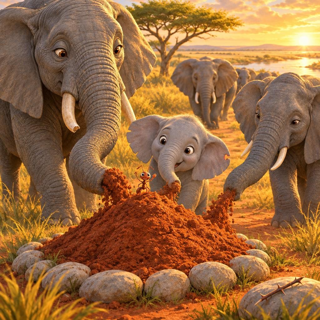 Pemba grabbed the thorn with both arms. She tugged. She pulled. Pop! Out it came. Kito wiggled his toes and laughed. Grandmother Ombasa lowered her great head. "Little one, I am so