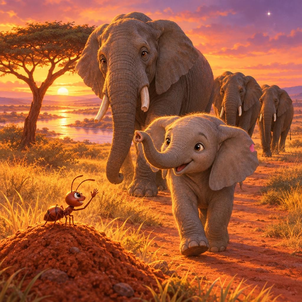 That evening, the elephants walked home from the river. Stomp, stomp... tiptoe. Stomp, stomp... tiptoe. They stepped carefully around the ring of stones. Pemba waved from her hill.