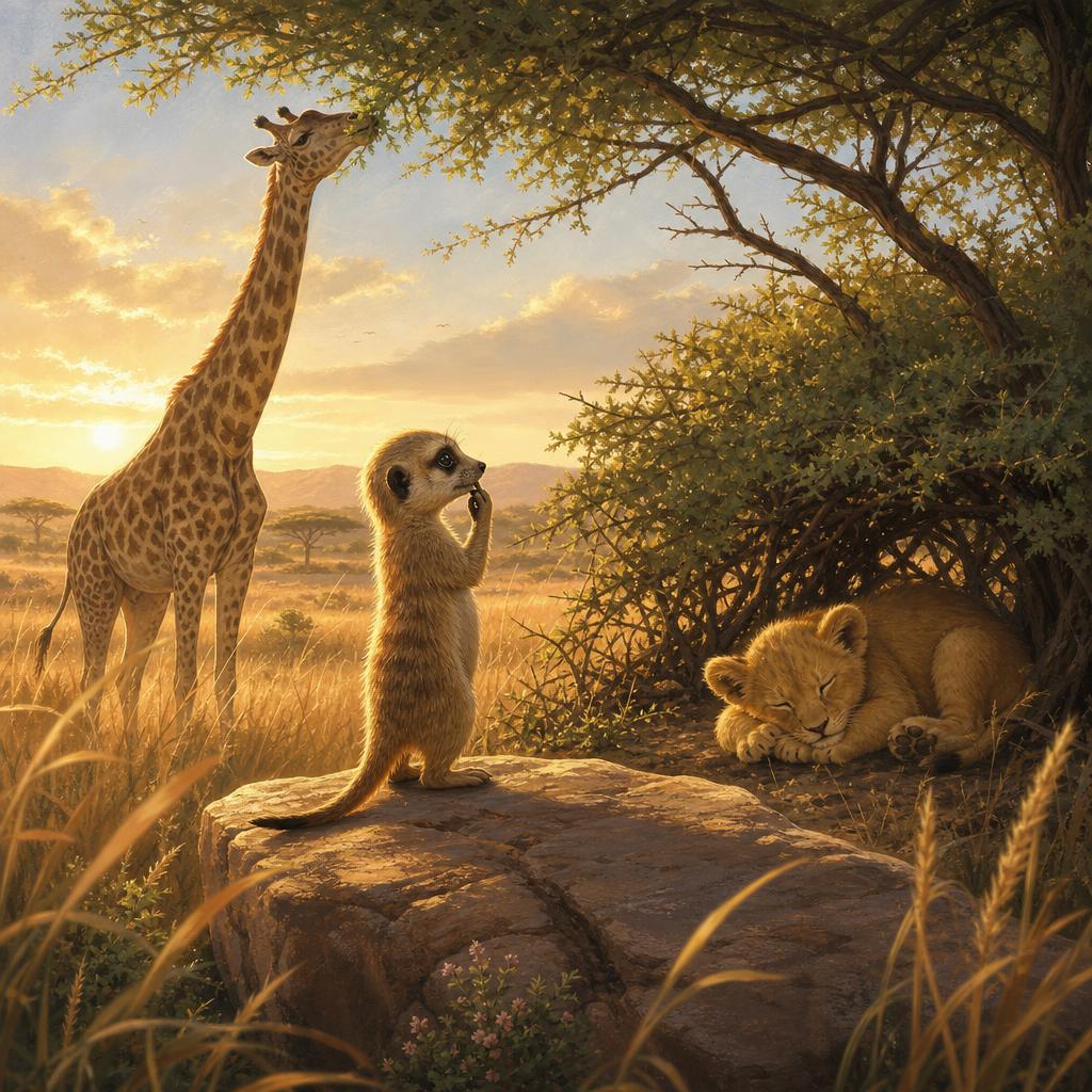A Giraffe and a Sleeping Cub illustration for Mimi on the Watchtower Rock