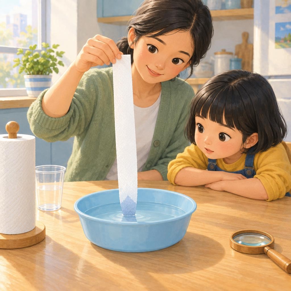 妈妈撕下一长条纸巾,捏住上头,让最下面的一点点尖尖碰到浅碗里的水。纸条大部分都在水面上面,干干的、白白的。安安盯着纸条看。你猜,接下来会发生什么?
